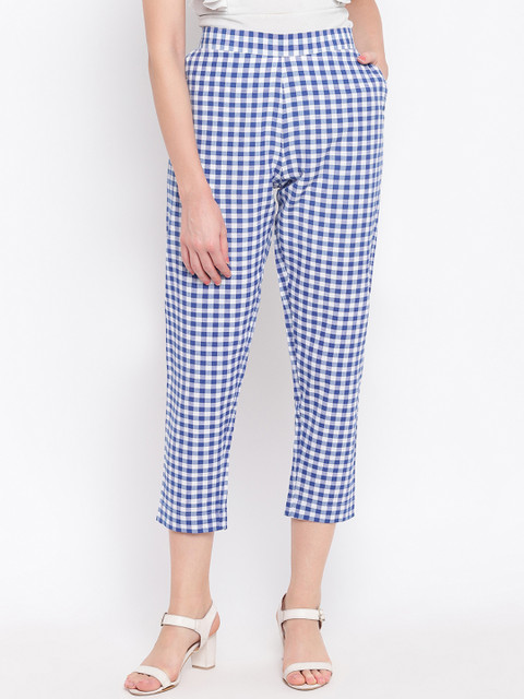 

FABNEST Women Blue & White Regular Fit Checked Cigarette Trousers