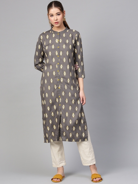 Varanga Women Grey Printed Straight Kurta