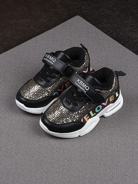 

Walktrendy Kids Black & Gold-Toned Embellished Slip-On Sneakers