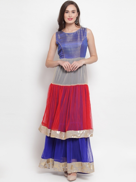 

Aujjessa Women Blue & Red Colourblocked Tiered Maxi Dress