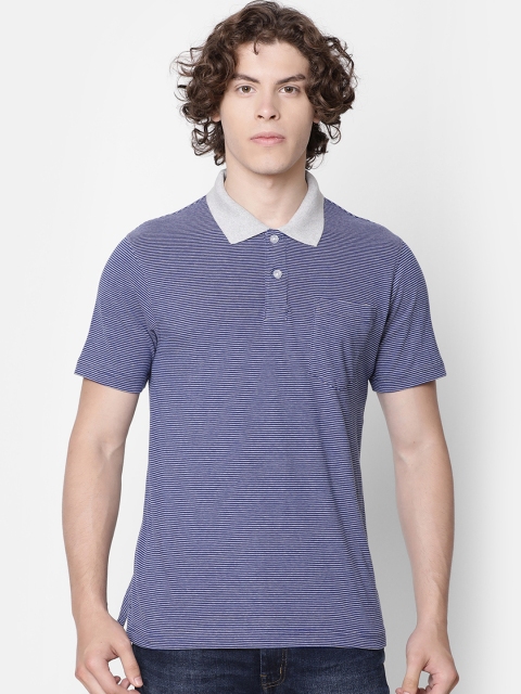 

IMYOUNG Men Blue Striped Polo Collar T-shirt