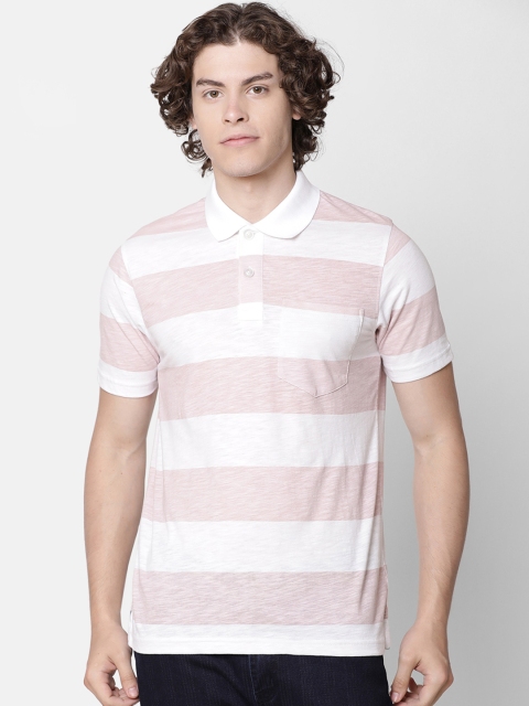 

IMYOUNG Men White & Pink Striped Polo Collar T-shirt
