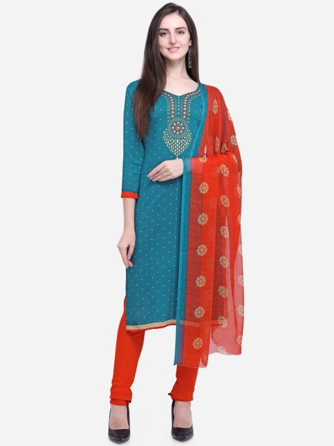 

Satrani Turquoise Blue & Rust Orange Poly Crepe Unstitched Dress Material