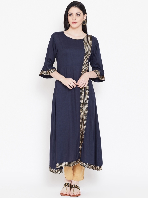 studio rasa Women Navy Blue Block Print A-Line Kurta