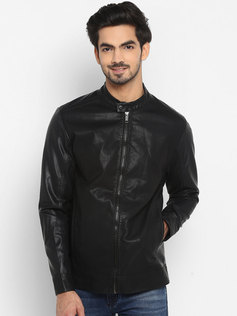 

Mufti Men Black Solid Leather Jacket