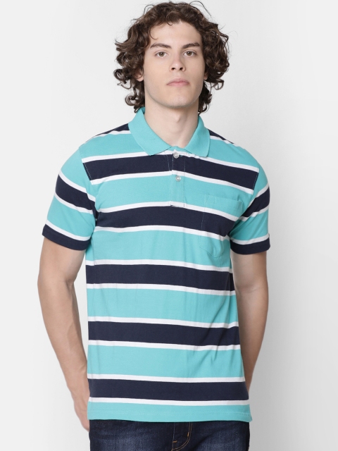 

IMYOUNG Men Turquoise Blue Striped Polo Collar T-shirt
