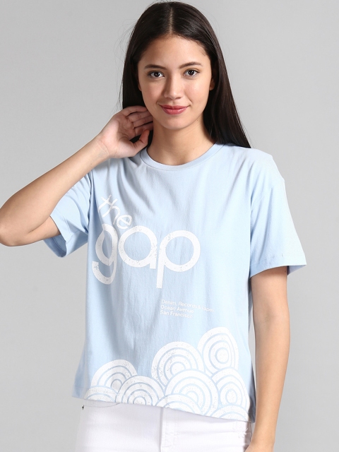 

GAP Women Blue Boxy Brand Print T-Shirt