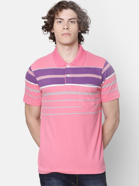 

IMYOUNG Men Pink Striped Polo Collar T-shirt