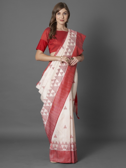 Mitera White & Red Linen Blend Embroidered Saree