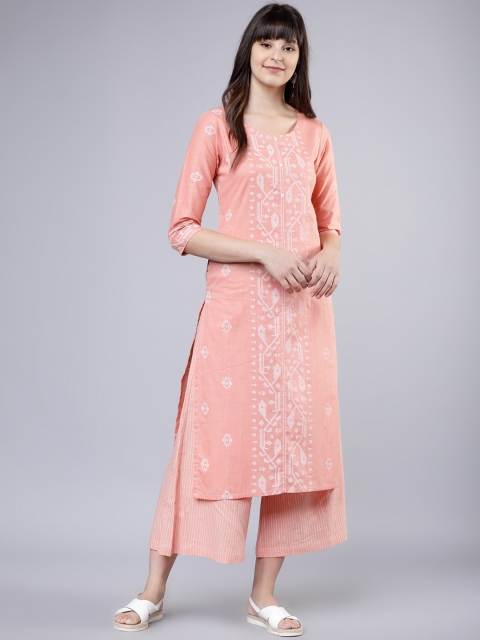 

Vishudh Women Peach-Coloured & White Printed Kurta with Palazzos