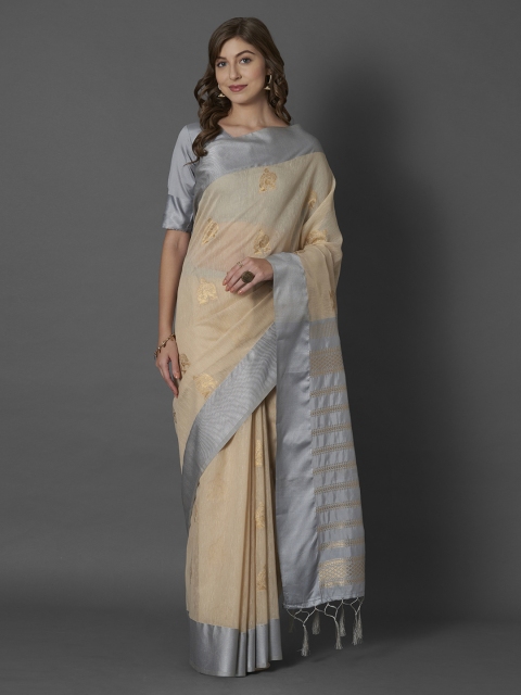 

Mitera Beige & Grey Linen Blend Woven Design Saree