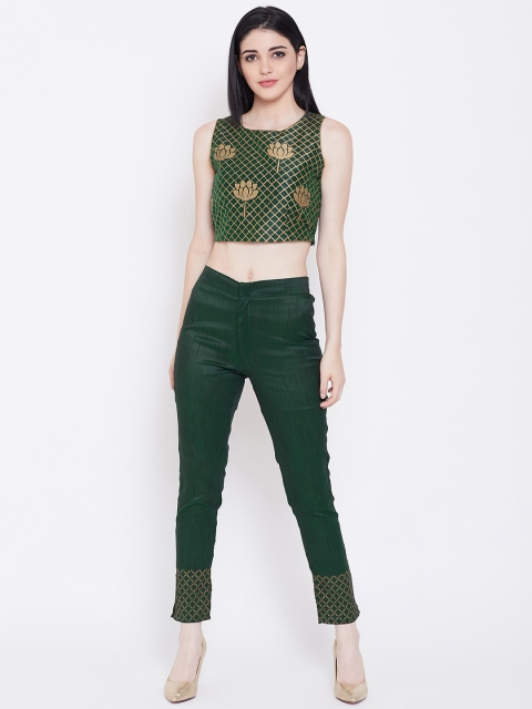 

studio rasa Women Green Hand Block Printed Crop Top with Trousers