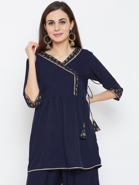 studio rasa Women Navy Blue Block Printed A-Line Kurti