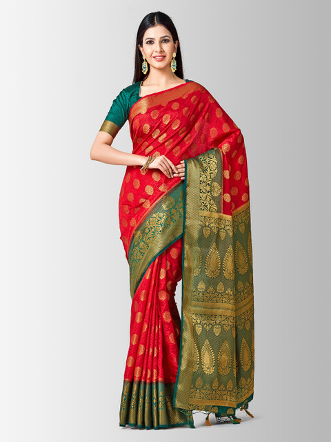 

MIMOSA Red & Green Art Silk Woven Design Kanjeevaram Saree