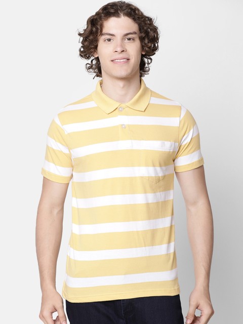 

IMYOUNG Men Yellow & White Striped Polo Collar T-shirt