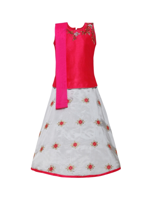 

Aarika Girls Pink & Grey Embroidered Ready to Wear Lehenga & Blouse with Dupatta