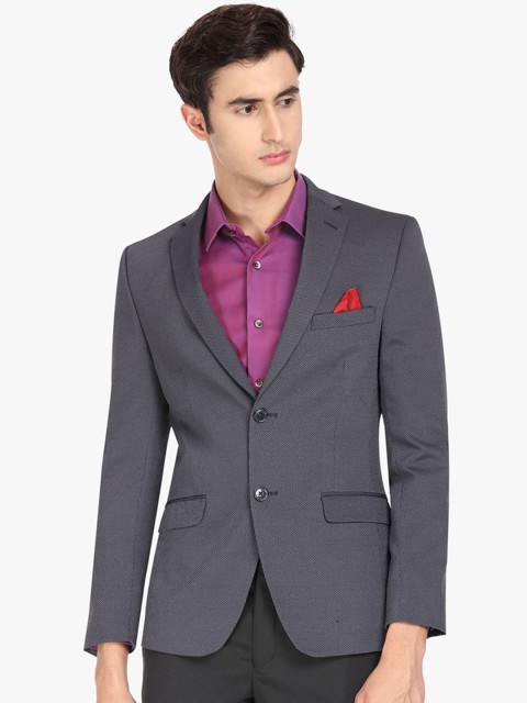 

SUITLTD Men Blue Self Design Slim-Fit Single-Breasted Blazer