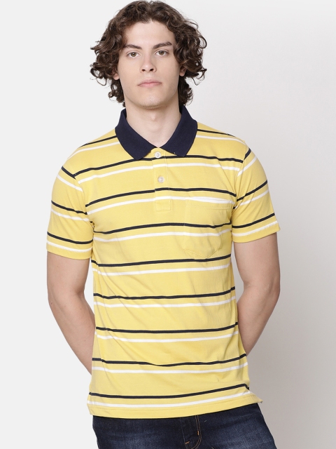 IMYOUNG Men Yellow & Navy Blue Striped Polo Collar T-shirt