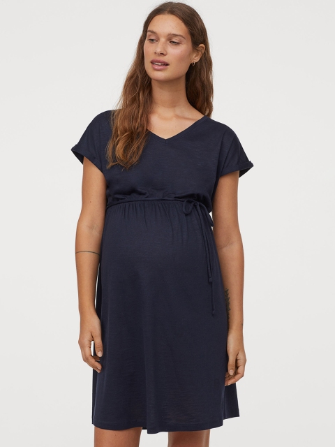 

H&M Women Navy Blue Solid MAMA Cotton-Blend Sustainable Dress