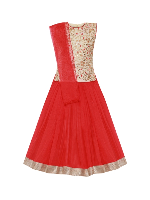 

Aarika Girls Beige & Red Embroidered Ready to Wear Lehenga Choli with Dupatta