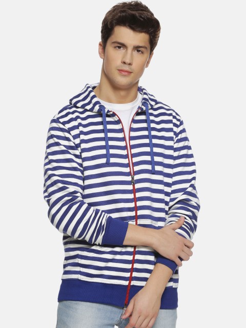 

Campus Sutra Men Blue & White Striped Hooded Sweatshirt