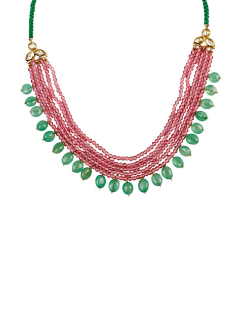 

DUGRISTYLE Green & Pink Handcrafted Stone-Studded Silver Necklace