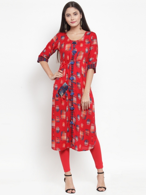 

Aujjessa Women Red & Navy Blue Woven Design Straight Kurta