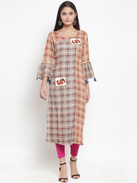 

Aujjessa Women Rust Orange & Black Checked Straight Kurta