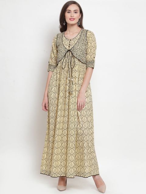 

Aujjessa Women Beige & Black Hand Block Print Maxi Dress