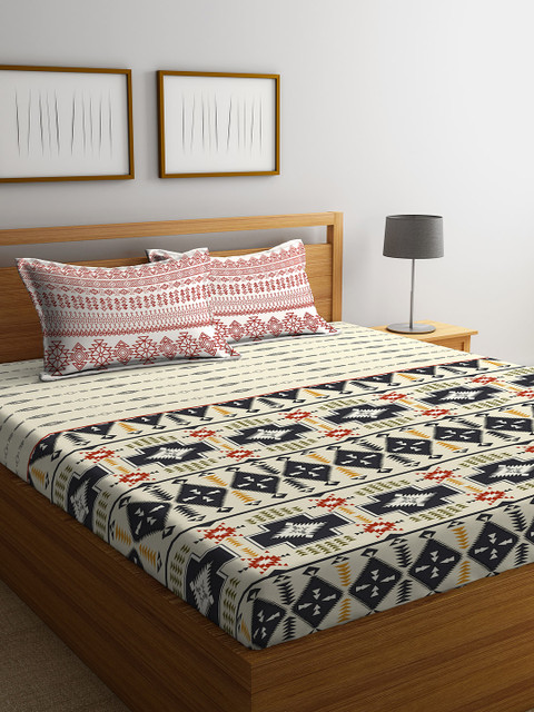 

Portico New York Beige & Charcoal Geometric 144 TC Cotton 1 King Bedsheet with 2 Pillow Covers