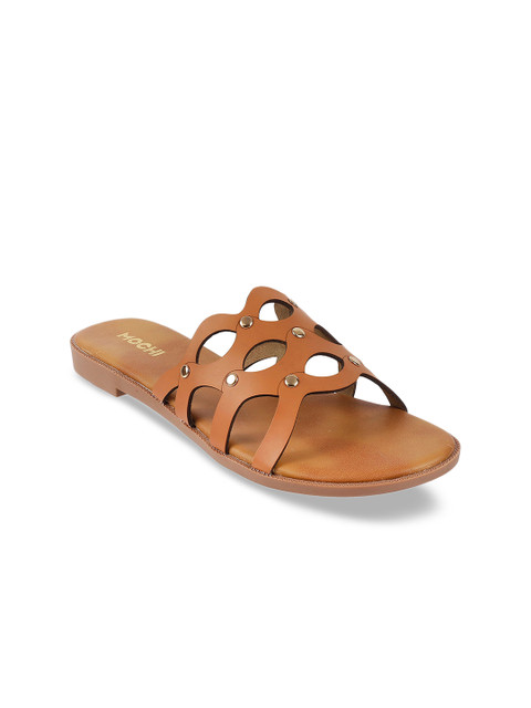 

Mochi Women Tan Brown Solid Leather Open Toe Flats