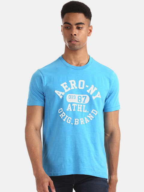 

Aeropostale Men Blue Printed Round Neck Pure Cotton T-shirt