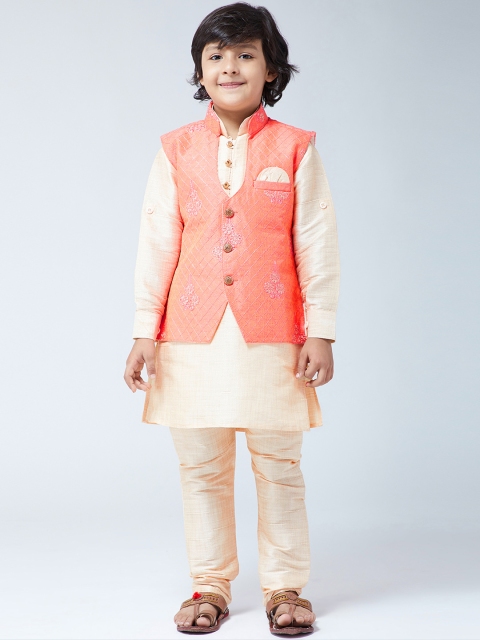 

SOJANYA Boys Gold-Toned & Orange Embroidered Kurta with Churidar