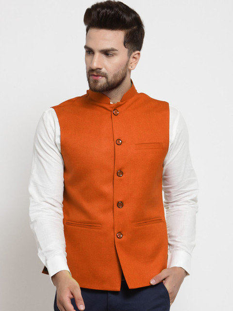 

TREEMODA Men Orange Solid Woven Nehru Jacket