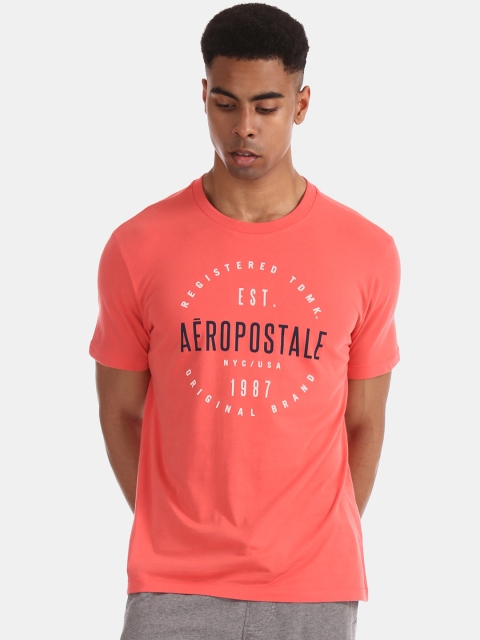 

Aeropostale Men Coral Red Printed Round Neck Pure Cotton T-shirt