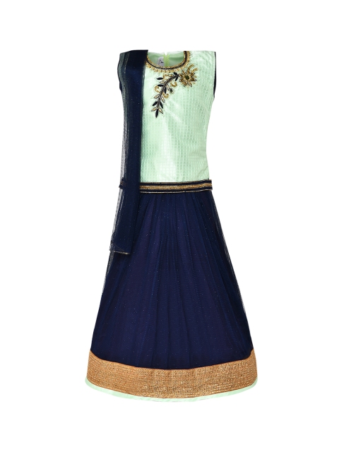 

Aarika Girls Sea Green & Navy Blue Embroidered Ready to Wear Pattu Pavadai with Dupatta