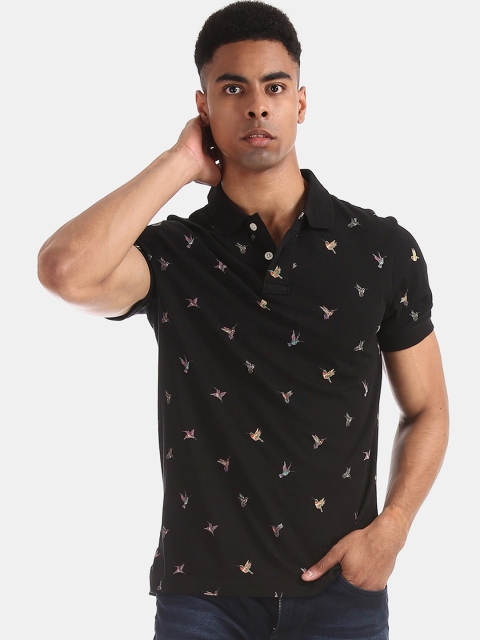 

Aeropostale Men Black Printed Polo Collar Pure Cotton T-shirt