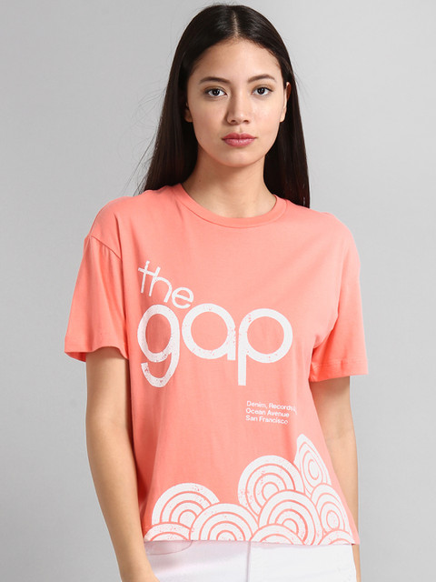 

GAP Women Coral Pink Boxy Brand Print T-Shirt