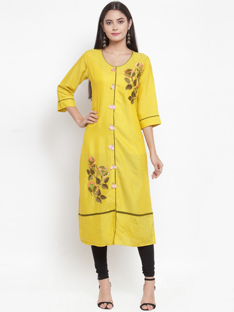 

Aujjessa Women Yellow Floral Embroidered Straight Kurta