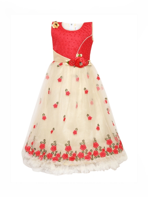 

Aarika Girls Cream-Coloured & Red Floral Embroidered Maxi Dress