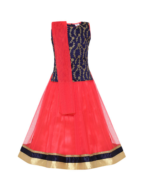 

Aarika Girls Navy Blue & Red Embroidered Ready to Wear Pattu Pavadai with Dupatta