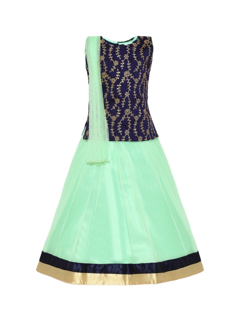 

Aarika Girls Green & Navy Blue Embroidered Ready to Wear Pattu Pavadai with Dupatta