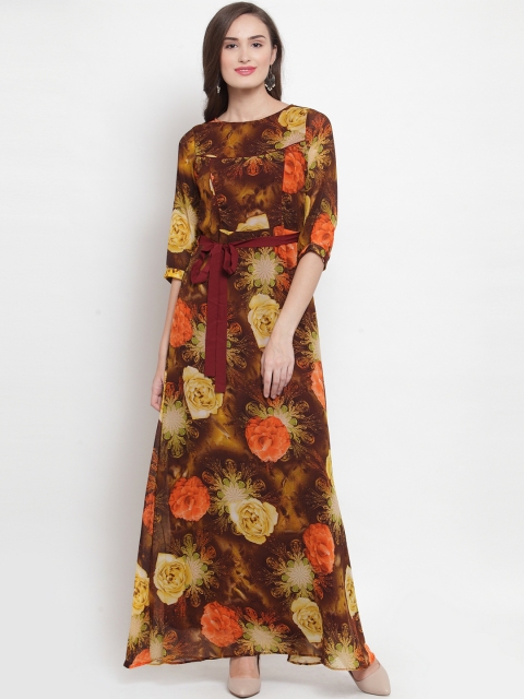 Aujjessa Women Brown & Orange Floral Printed Maxi Dress