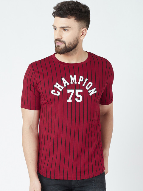 

The Dry State Men & Black Maroon Striped Round Neck T-shirt