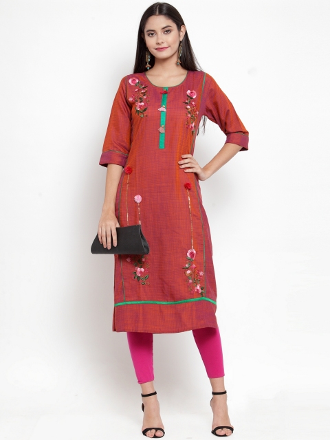 

Aujjessa Women Maroon Floral Embroidered Straight Kurta