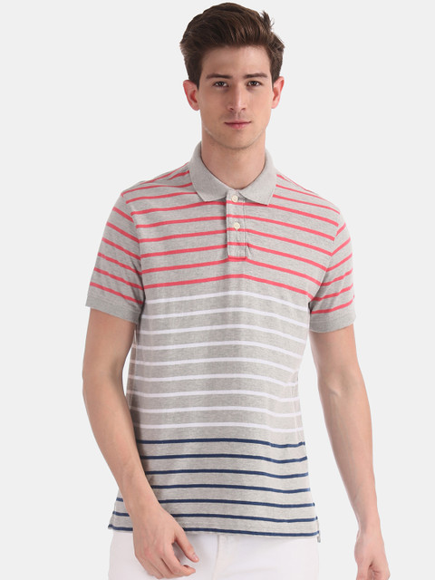 

Aeropostale Men Grey Striped Polo Collar T-shirt