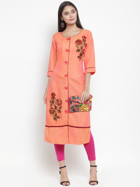 

Aujjessa Women Orange Floral Embroidered Straight Kurta