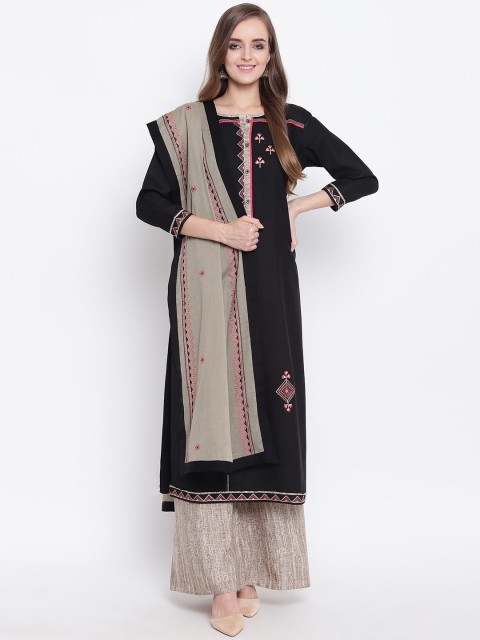 

Kvsfab Women Black & Grey Embroidered Kurti with Palazzos & Dupatta