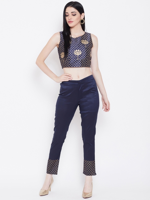 

studio rasa Women Navy Blue Hand Block Printed Crop Top with Trousers