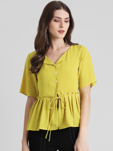 

Zink London Women Lime Green Solid Cinched Waist Top